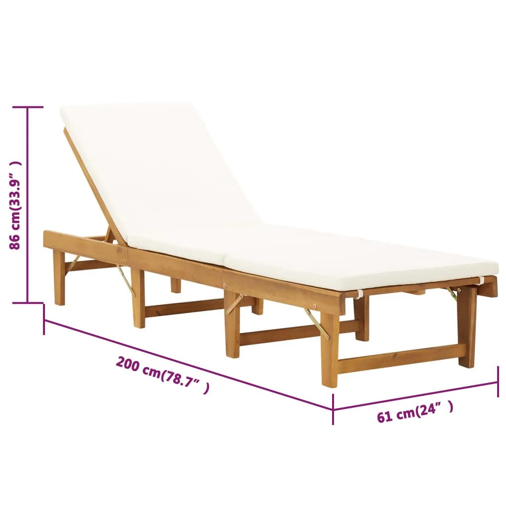 Chaise Longue Pliable Coussin Bois Massif D'acacia Blanc Crème Beige