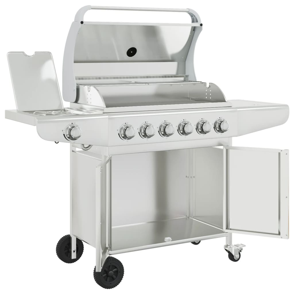 Barbecue À Gaz Avec 7 Brûleurs Argent Acier Inoxydable Chêne Marron