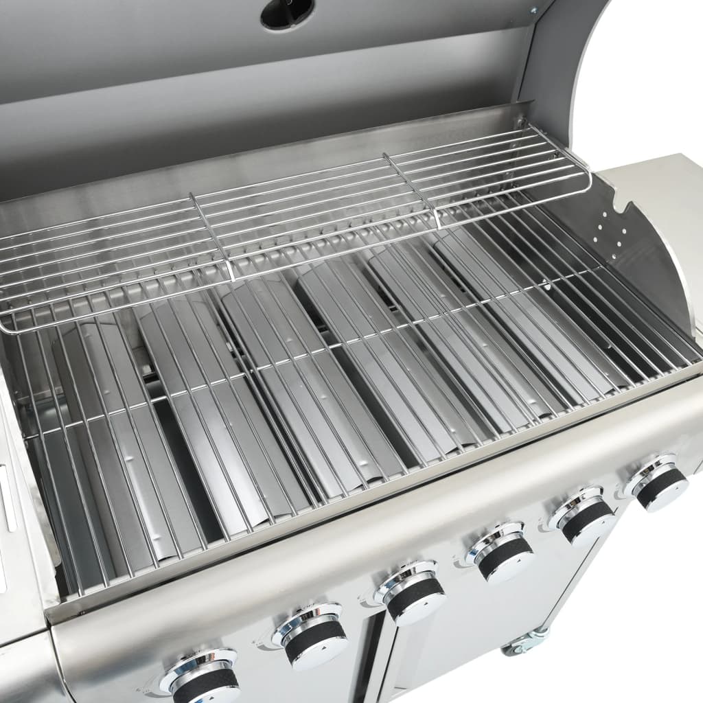 Barbecue À Gaz Avec 7 Brûleurs Argent Acier Inoxydable Chêne Marron