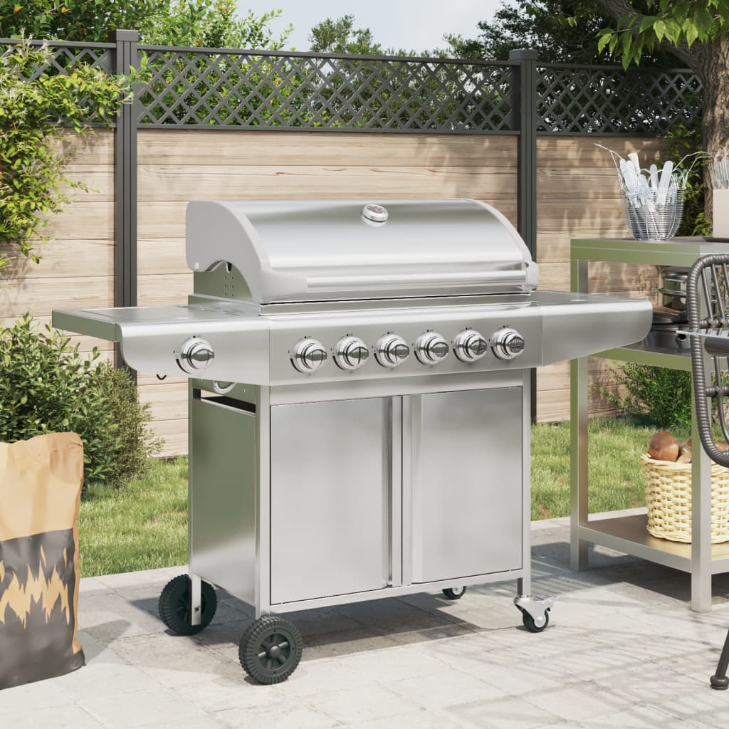Barbecue À Gaz Avec 7 Brûleurs Argent Acier Inoxydable Chêne Marron