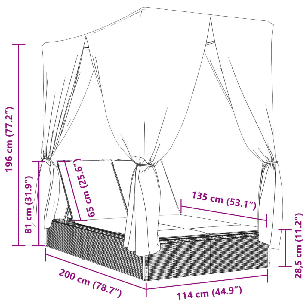 Chaise Longue Double Avec Toit Et Rideaux Résine Tressée