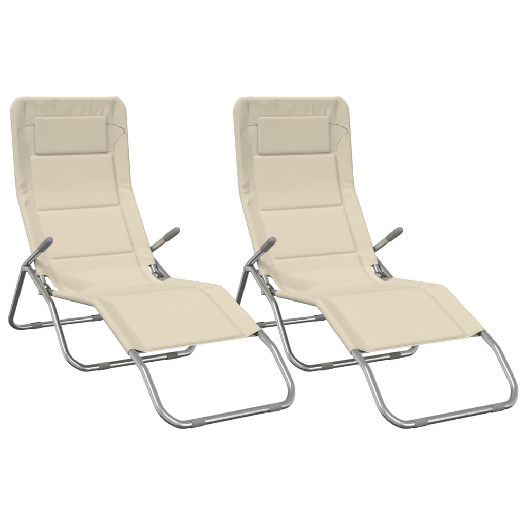Chaises Longues Pliables Lot De 2 Crème Textilène Et Acier Gris