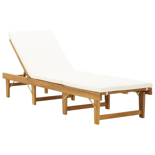 Chaise Longue Pliable Coussin Bois Massif D'acacia Blanc Crème Beige