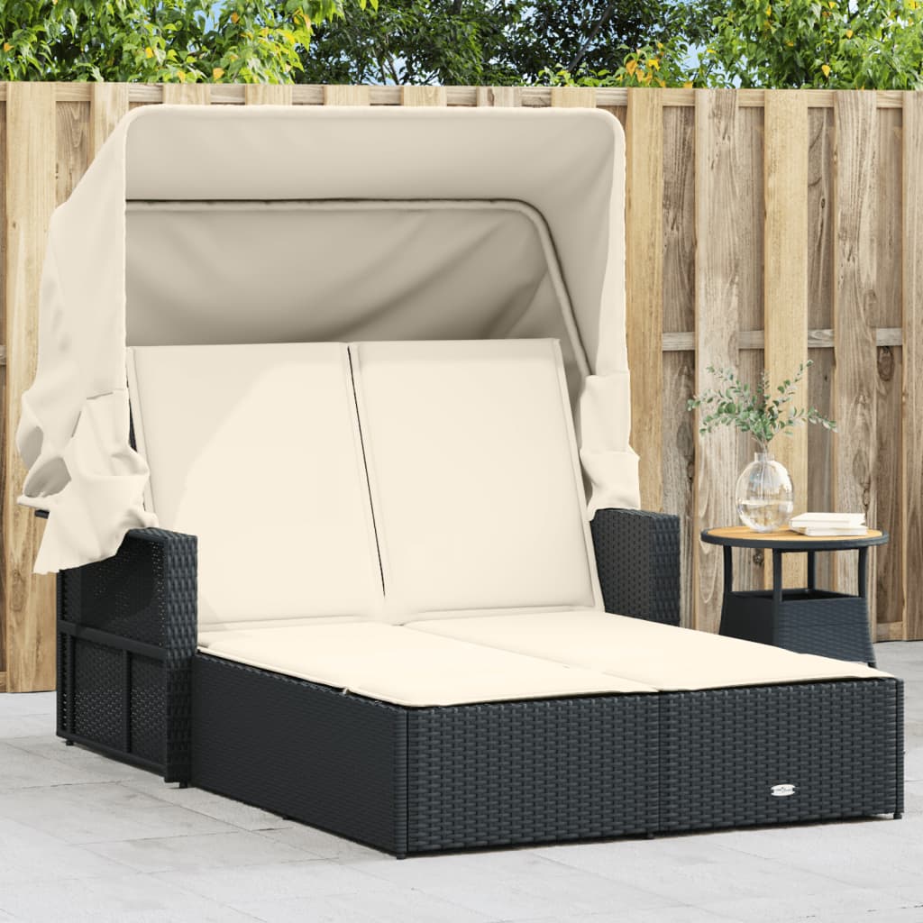 Chaise Longue Double Avec Auvent Et Coussins Poly Rotin