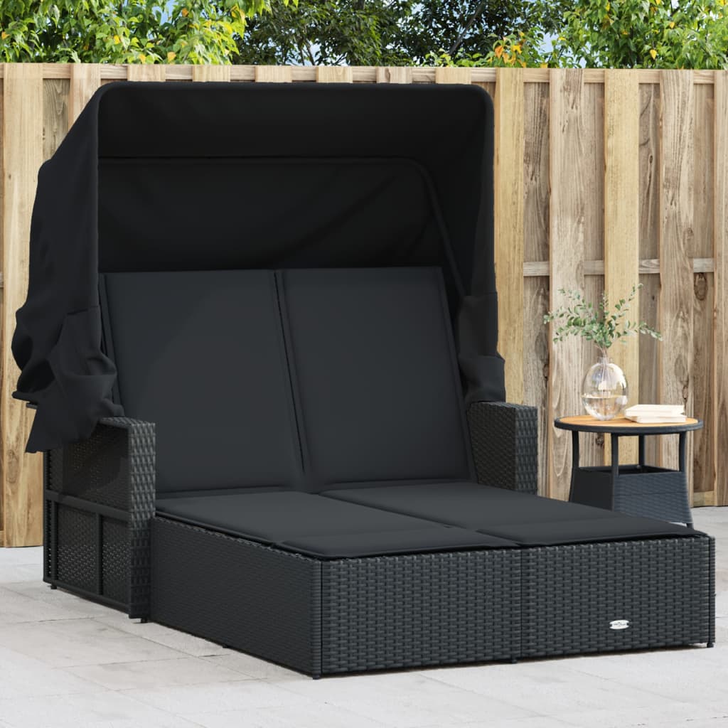 Chaise Longue Double Avec Auvent Et Coussins Poly Rotin