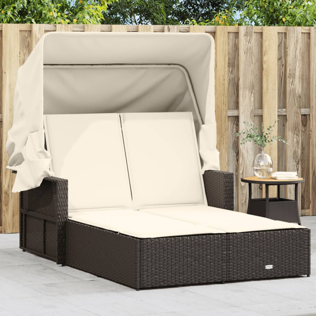 Chaise Longue Double Avec Auvent Et Coussins Poly Rotin