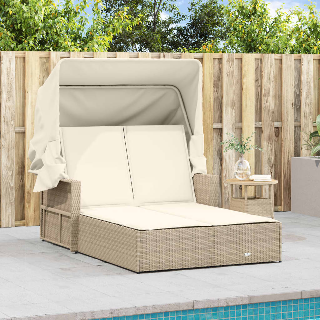 Chaise Longue Double Avec Auvent Et Coussins Poly Rotin