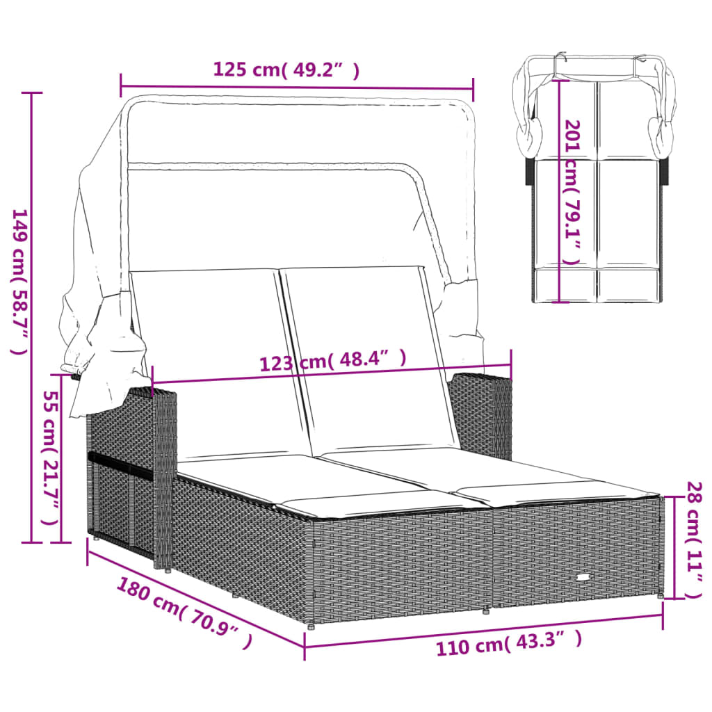 Chaise Longue Double Avec Auvent Et Coussins Poly Rotin