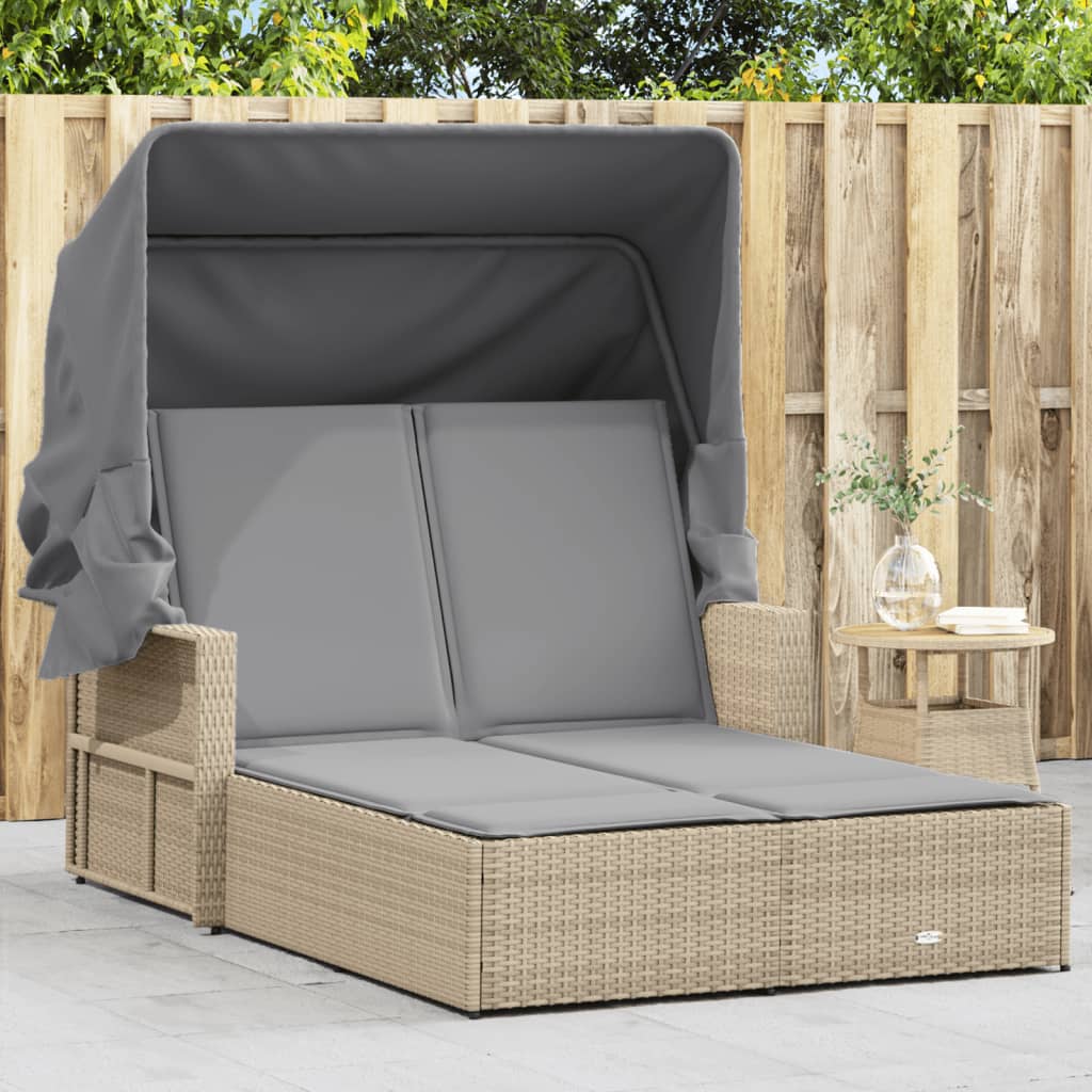 Chaise Longue Double Avec Auvent Et Coussins Poly Rotin