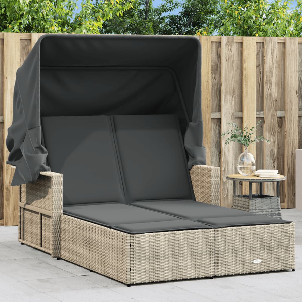 Chaise Longue Double Avec Auvent Et Coussins Poly Rotin