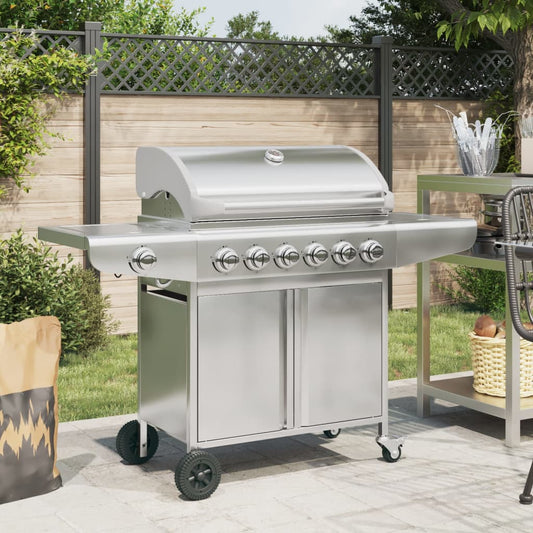 Barbecue À Gaz Avec 7 Brûleurs Argent Acier Inoxydable Chêne Marron