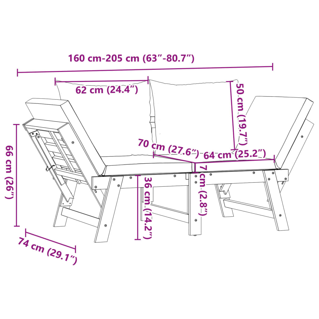 Banc De Jardin Avec Coussins 2 En 1 Bois D'acacia Massif